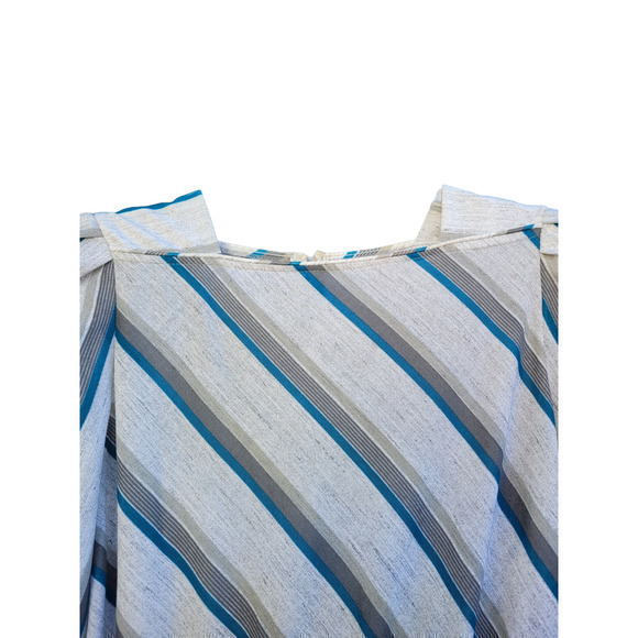 Vintage 70s Blue Gray Striped, Square Neck Flowy, Short Puffy Sleeve Midi Dress - Picture 5 of 9